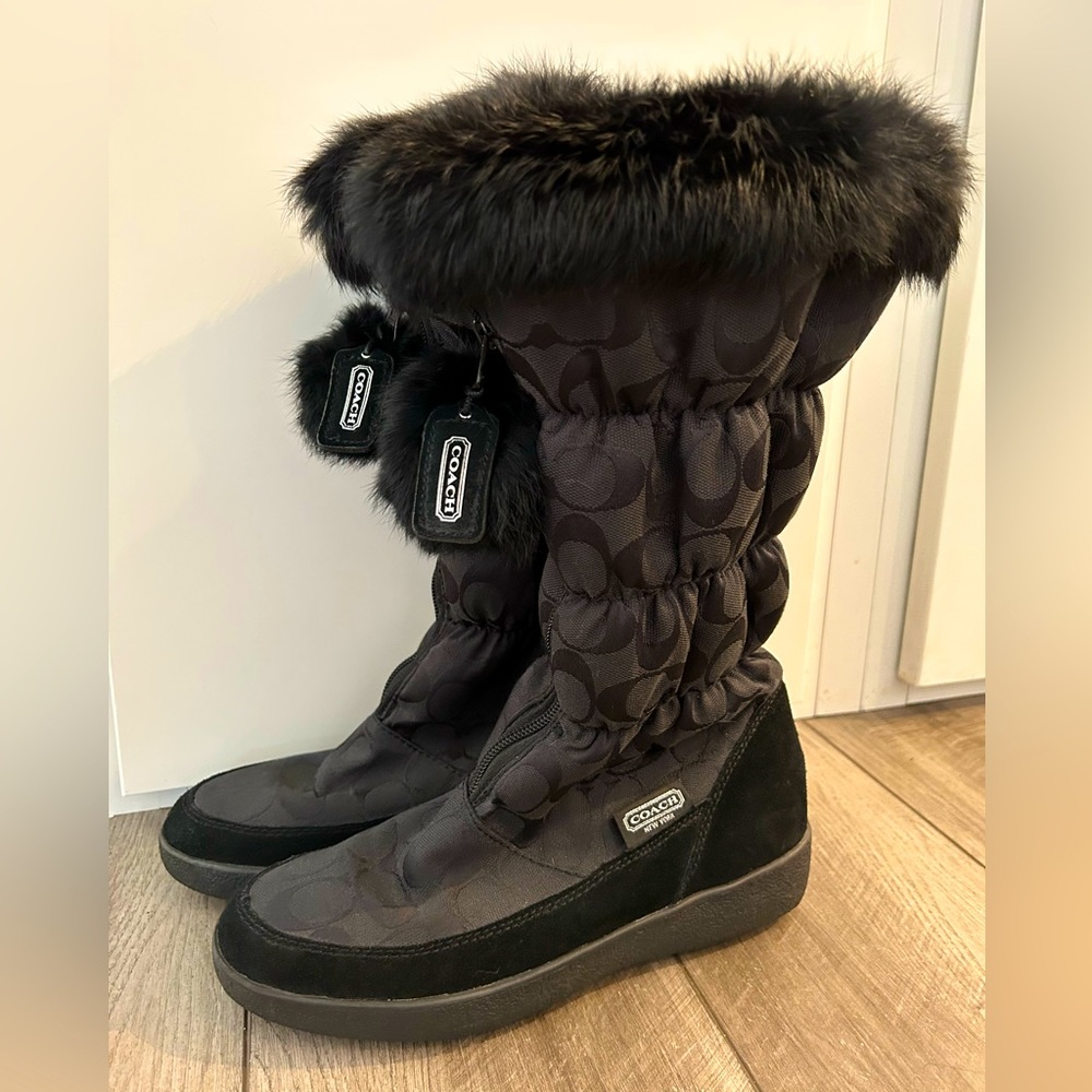 NEW! Authentic COACH THEONA signature black boot with rabbit fur trim.
